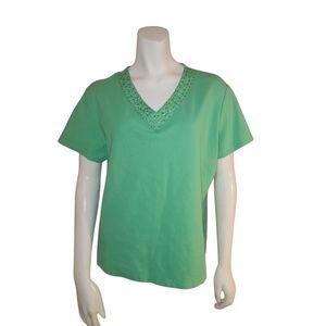 Croft & Barrow Green Short Sleeve Beaded V Neck Top Womens Size XL